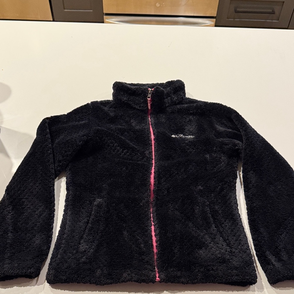 Columbia Black Fuzzy Fleece Jacket with Pink Zipper- Youth Large (14/16)